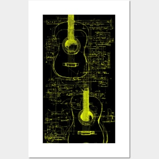 Neon Yellow Acoustic Guitar Da Vinci blueprint Posters and Art